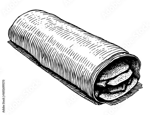 A burrito or food wrap in a vintage woodblock style, black and white