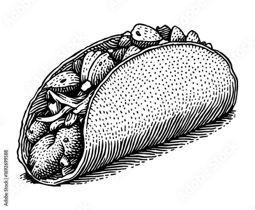 Taco in woodcut style in black and white