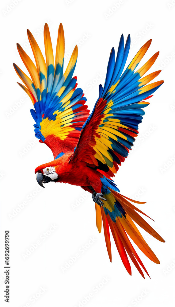 Fototapeta premium Scarlet macaw in mid-flight against white background
