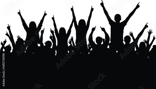 Silhouette Crowd of Happy People with Raised Hands Celebrating at Music Festival, Concert or Party Isolated on White Background