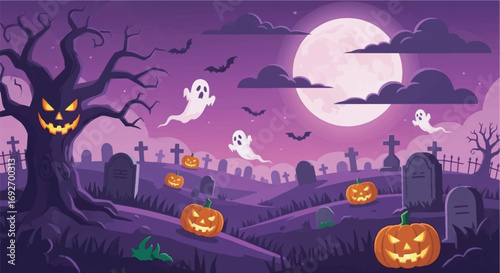 Vector spooky halloween night background with a haunted house, full moon, and scary trees with bats