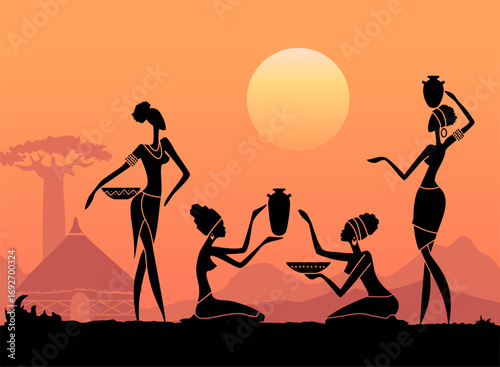 Vector illustration of African women silhouettes at sunset with traditional pots and bowls. Tribal culture and ethnic lifestyle artwork