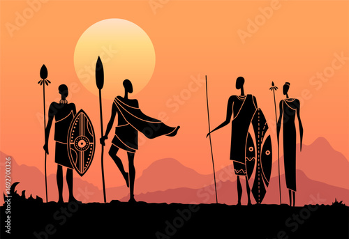 Vector illustration of African men silhouettes with spears and shields at sunset. Traditional tribal warriors standing in savanna landscape