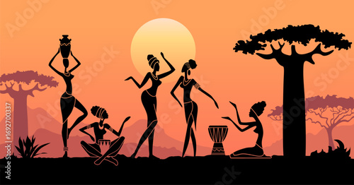 Vector illustration of African women silhouettes dancing and playing drums at sunset. Tribal art showing traditional culture, music and lifestyle.