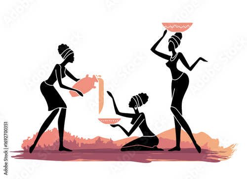 Vector illustration of African women silhouettes with bowls and jug. Traditional tribal scene showing women in ethnic style, inspired by African culture and daily life