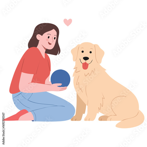 Young woman hugging her pet dog isolated vector illustration on white background