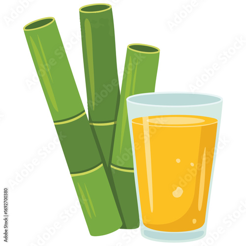 Sugarcane juice with stalks leaves isolated vector illustration on white background