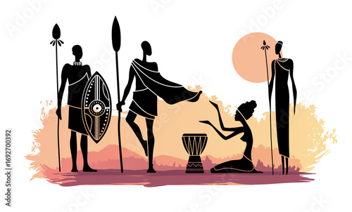 Vector illustration of African warriors with shields and spears, and women in traditional poses with a drum. Tribal culture silhouettes at sunset, inspired by African heritage and lifestyle