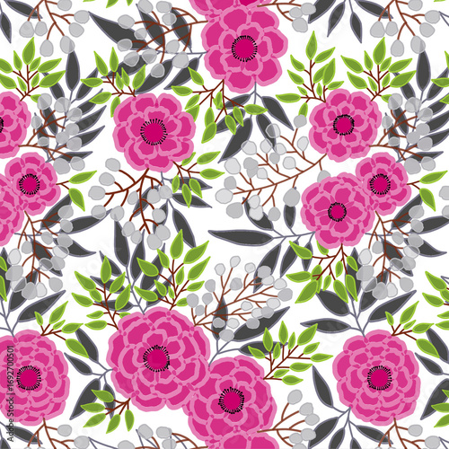 Seamless pattern with pink flowers green and gray leaves under white background