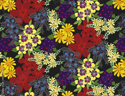 Seamless pattern with colorful flowers in yellow red gray purple in black background