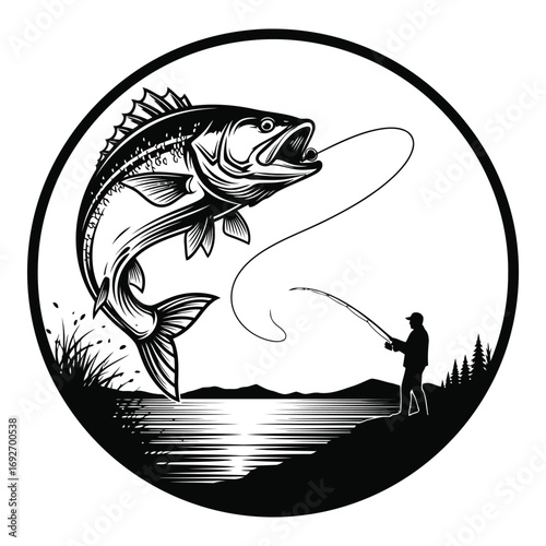 Vector art of a black and white illustration of a fisherman casting a line to a jumping fish in a circular frame with landscape