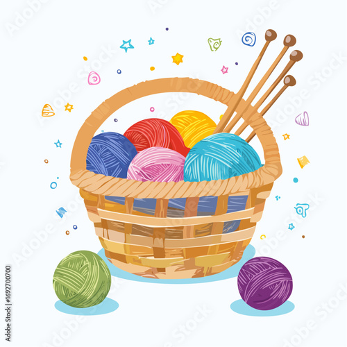 Cute Colorful Basket with Yarn Balls and Knitting Needles Illustration