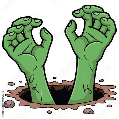 Grave hole with zombie hands Halloween isolated vector illustration on white background