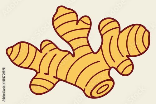 Stylized illustration of a yellow ginger root with brown outline spice food