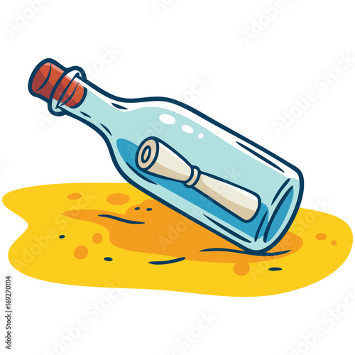 Message in bottle on sand shore isolated vector illustration on white background