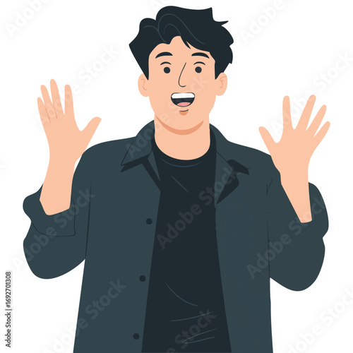 Man raising hands accomplishment joy isolated vector illustration on white background