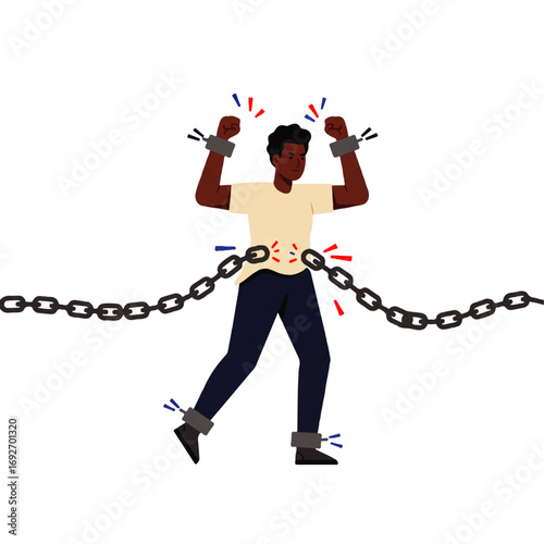 A Black man breaking free from chains and shackles, symbolizing liberation, freedom, and overcoming oppression on a white background.