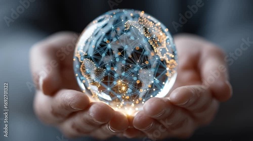 A person cradles a glowing globe in their hands, symbolizing global connection and technology