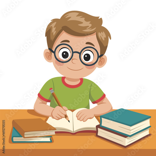 Nerd boy with glasses doing homework isolated vector illustration on white background