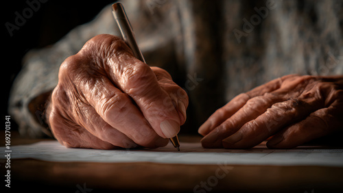 Elderly hands writing on paper, capturing the fragility and wisdom of age in a poignant moment.