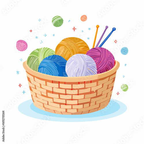 Colorful Cartoon Wool Yarn Ball in Basket with Knitting Needles Craft