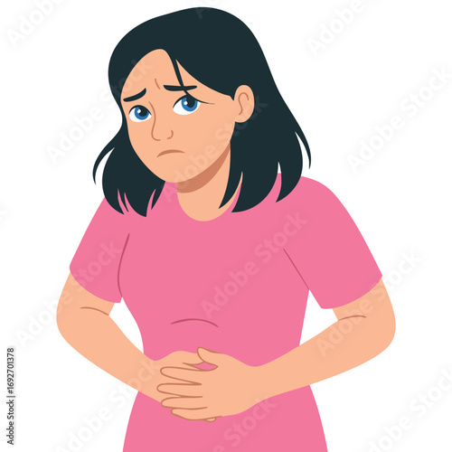 Young woman having abdominal pain isolated vector illustration on white background