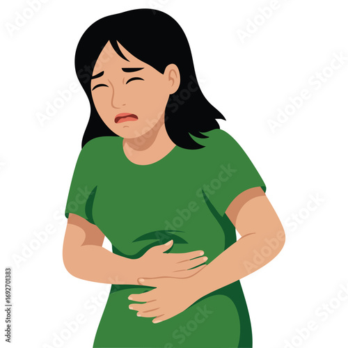 Beautiful woman with stomach ache isolated vector illustration on white background