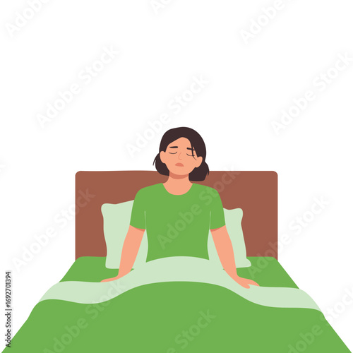 Unhappy woman in bed with headache isolated vector illustration on white background