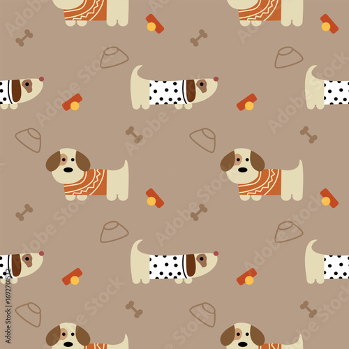 Dog wear shirt cartoon so cute. On bone collar brown background. Pattern seamless vector illustration. 