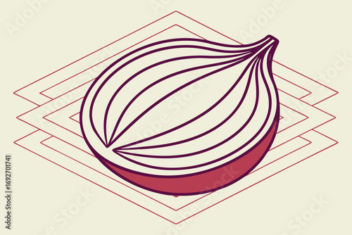 Stylized Red Onion Half With Purple Outline On Geometric Background vegetable food