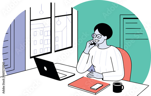 A woman with glasses smiles as she talks on her phone at a desk. A laptop is open to her left, and a notebook, phone, and coffee mug sit on the desk. 