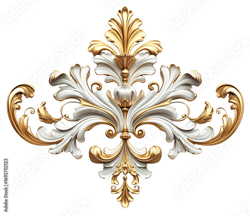 ornate rococo scrollwork decoration, gold and ivory color isolated on a transparent background.
