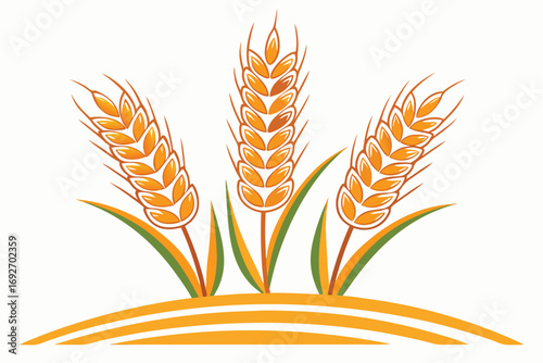 Three Golden Wheat Stalks with Green Leaves and Yellow Field Lines grain agriculture