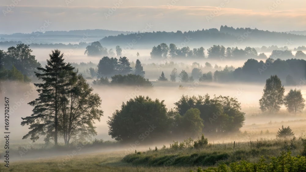 Fototapeta premium Serene morning landscape with misty forest and rolling hills