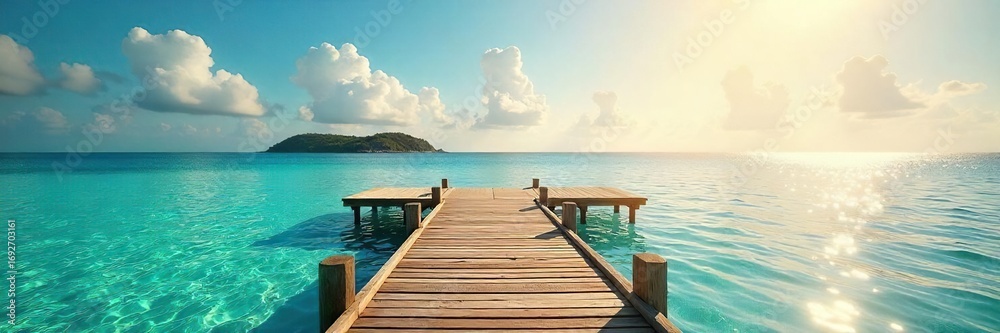 Obraz premium Serene island dock extending into calm turquoise water, bathed in golden sunlight Perfect for travel, vacation, and idyllic getaway imagery , golden, sun, coast