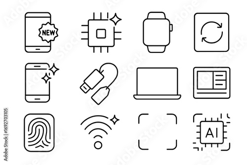 Innovative Tech Icons. Line style icons of new technology: device with “NEW” badge, circuit chip with sparkle, smartwatch screen