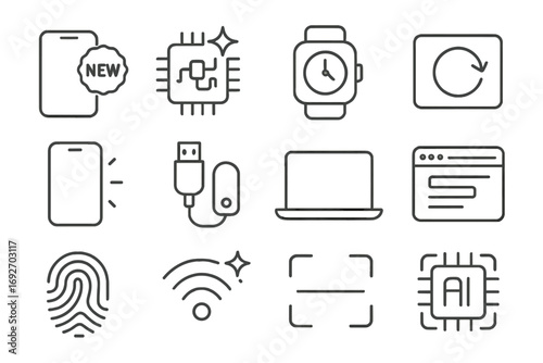Innovative Tech Icons. Line style icons of new technology: device with “NEW” badge, circuit chip with sparkle, smartwatch screen