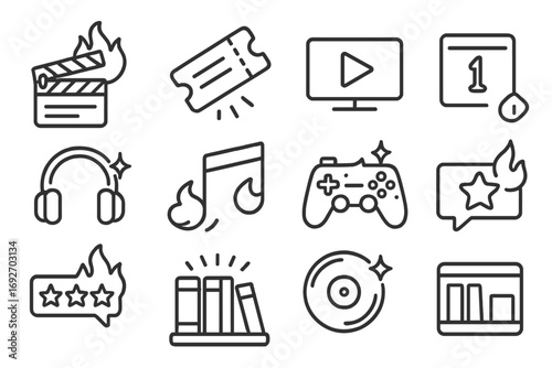 Hot Icons Collection. Line style icons of hot entertainment releases: movie clapperboard with flame, premiere ticket with glow,