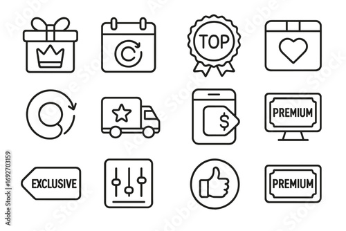Popular Subscription Icons. Line style icons of popular subscriptions: ribbon-tied box with crown, calendar with recurring tag,