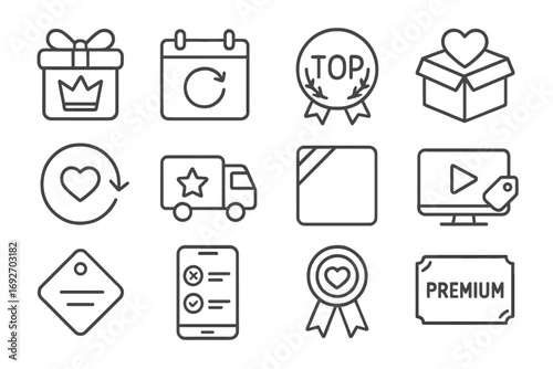 Popular Subscription Icons. Line style icons of popular subscriptions: ribbon-tied box with crown, calendar with recurring tag,