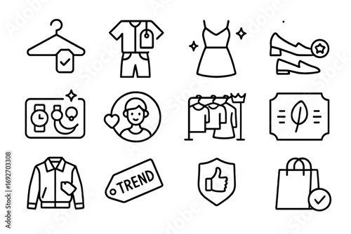 Fashion Icon Symbols. Line style icons of recommended fashion: hanger with checkmark label, outfit combo with tag, dress with glow