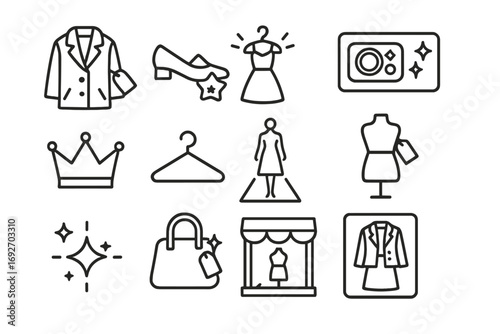 Fashion Line Icons. Line style icons of featured fashion: coat with ribbon tag, shoe with star label, dress on glow rack,