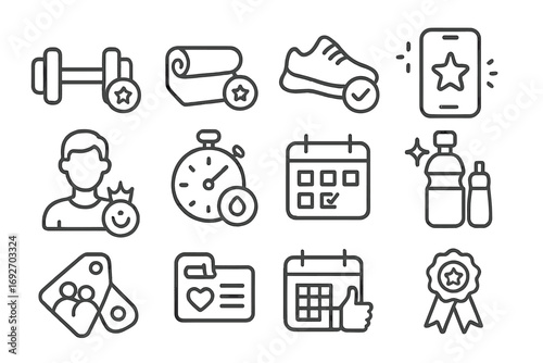 Fitness Icons Collection. Line style icons of recommended fitness routines: dumbbell with badge, yoga mat with star tag, shoe with