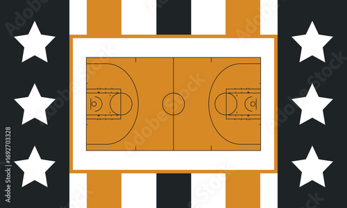 Basketball Court. Basketball design. Street sport art. Game Day. Basketball playoff. Final games. Team championship. Ball for Basketball. Sport creative poster. Modern graphic. Vector wallpaper