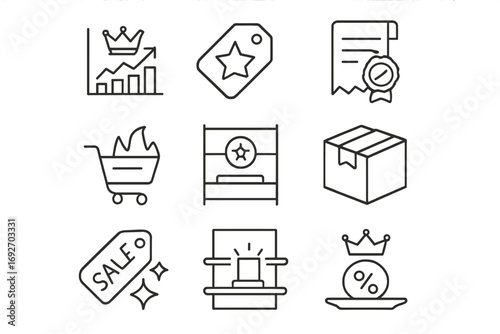 Top Seller Icons. Line style icons of top sellers: sales graph with crown, star on product tag, receipt with badge, best sale tray