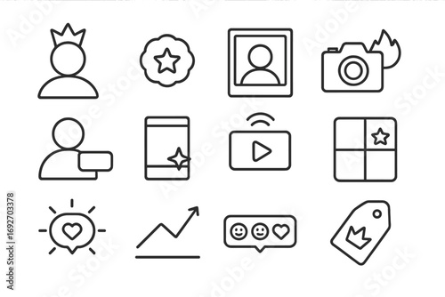Influencer Line Icons. Line style icons of top influencers: user avatar with crown, social badge with star, content creator frame,