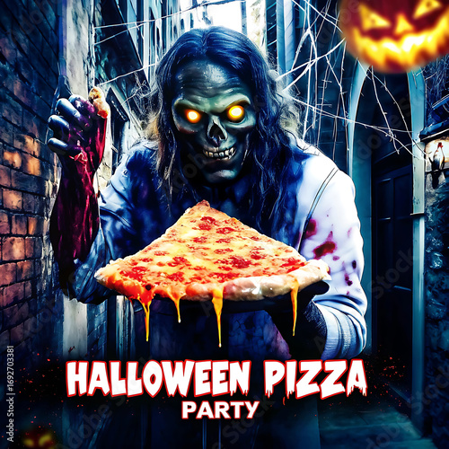Scary zombie holding a slice of pizza in a dark alley