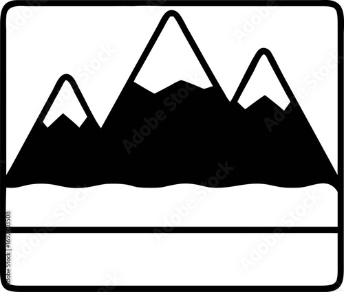 A simple black and white mountain range icon with snowy peaks and a lake, a vector graphic symbol for travel and outdoor adventure. Ai eps illustration