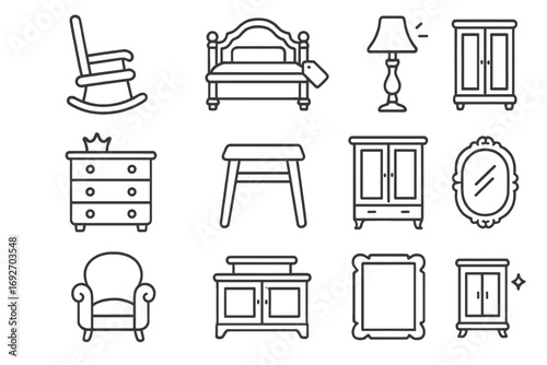 Line Style Vintage Icons. Line style icons of old furniture: rocking chair icon, ornate bed with tag, carved table with badge,