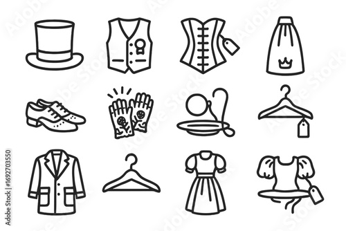 Vintage Clothing Icons. Line style icons of old clothes: top hat icon, waistcoat with badge, corset with label, long skirt with